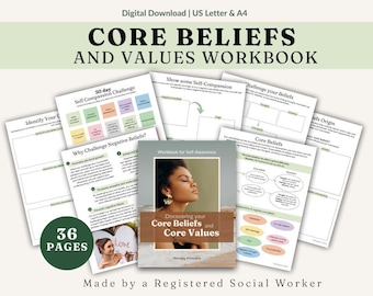 May include: A collection of printable workbooks titled "Core Beliefs and Values Workbook." The cover features a woman with her eyes closed. The workbook includes pages with prompts and exercises for self-reflection. The image also includes the text "36 pages."