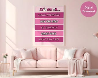 It's Ok to Make mistakes, Ask for help, Be yourself, Start Over, Have Bad Days Retro Pink Poster, Therapy Office Decor
