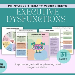Peut inclure: Un téléchargement numérique de 31 feuilles de travail imprimables pour la thérapie, axées sur les dysfonctionnements exécutifs. Les feuilles de travail présentent une illustration colorée d'un cerveau avec des haltères et le texte "Comprendre votre cerveau". Le titre du produit est "Dysfonctionnements exécutifs".