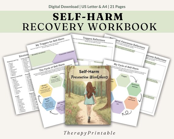 Self Harm Reduction Therapy Worksheets for Teens and Adults | BPD Recovery Workbook & Mental Health Crisis Safety Plan | Self Care Journal