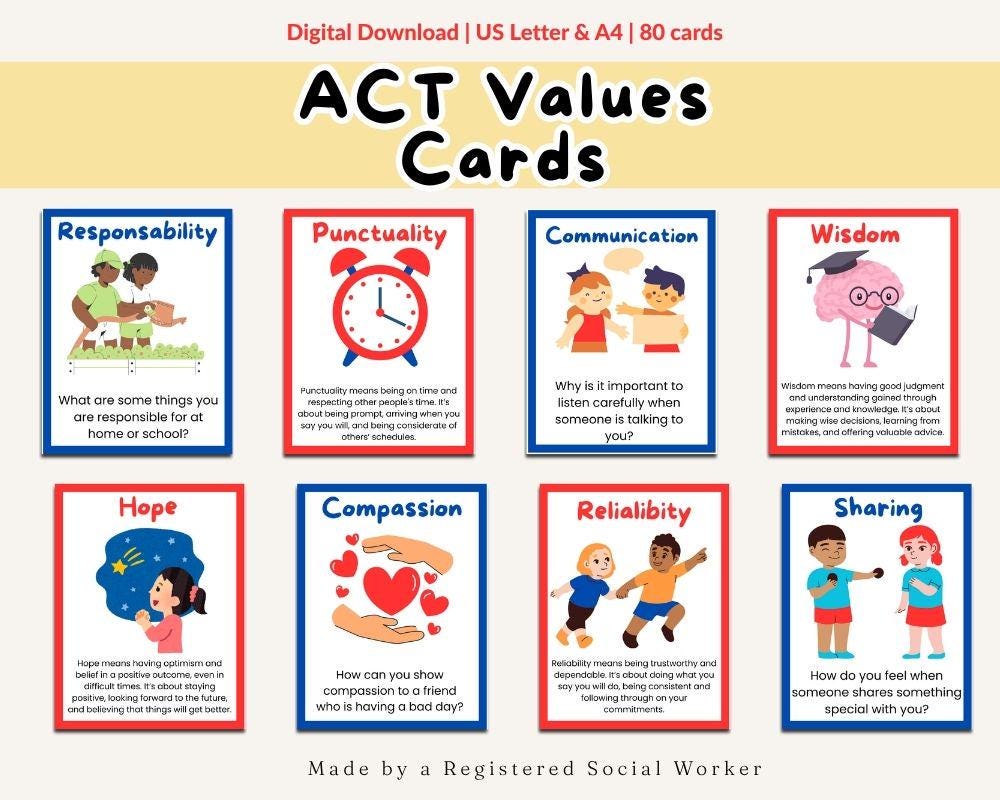 Values Cards Customised Core Values Cards for Kids, Acceptance and Commitment Therapy Cards ...