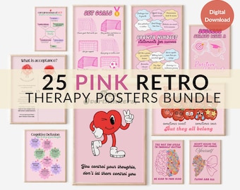 25 pósteres rosas retro sobre salud mental, decoración para consultorios de terapia (descarga digital)