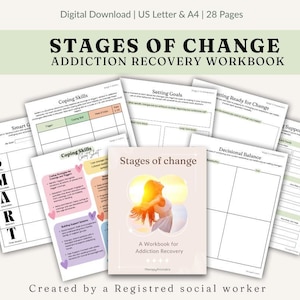 May include: A digital workbook titled "Stages of Change Addiction Recovery Workbook" with various worksheets. The cover features an illustration of a person with a warm, yellow and orange glow. The workbook includes pages for coping skills and goal setting.