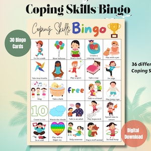 Bingo de habilidades de afrontamiento para niños para asesoramiento grupal, juego de salud mental, recursos para trabajadores sociales escolares, psicólogos y consejeros, autoestima
