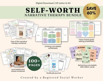 Self Worth Narrative Therapy Bundle, tree of life workbook, core beliefs and values reframing worksheets, vision board goal setting activity