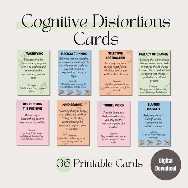 Boho Cognitive distortion flash cards, mental health, school social worker, therapist office decor, stress relief gift, play therapy, ocd