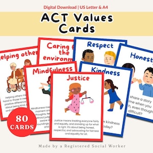 Può includere: Un set di 80 carte dei valori ACT, un download digitale. Ogni carta presenta un valore diverso come Onestà e Gentilezza, con illustrazioni e definizioni. Adatto per uso educativo o terapeutico.