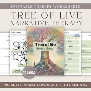 Tree of life narrative therapy worksheets, trauma processing, mental health printable, play therapy tool, social psychology, ptsd worksheets