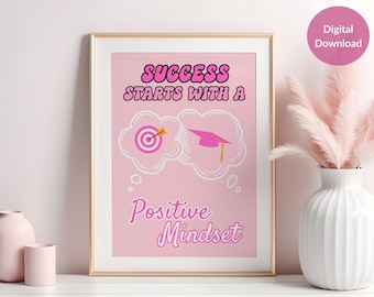 Success Starts with A Positive Mindset Retro Pink Poster, Printable Mental health Poster, Therapy Office Decor for School Counselor