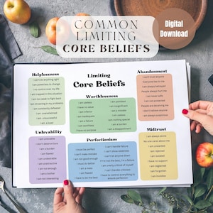 May include: A printable worksheet with a list of common limiting core beliefs categorized into five groups: Helplessness, Unlovability, Worthlessness, Perfectionism, Abandonment, and Mistrust. Each group has a list of statements that reflect negative self-talk and limiting beliefs.
