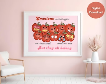 Emotions are like apples, sometimes sweet, sometimes sour, but they all belong Retro Pink and Red Poster, Therapy Office Decor for Counselor