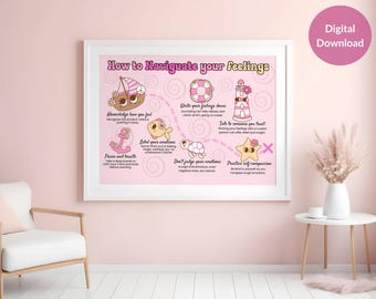 How to Naviguate your feelings Retro Pink and Yellow Poster, Therapy Office Decor for School Counselor and Therapist, Emotional Safety