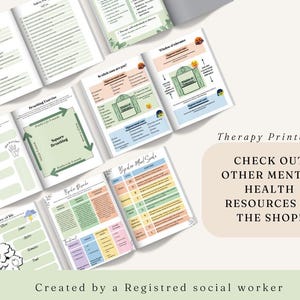 May include: A collection of open printable therapy workbooks with various mental health topics. The workbooks include topics such as a safety plan, breathing exercises, and bipolar mood scales. The text on the image says "Therapy Printable" and "Check out other mental health resources in the shop!"