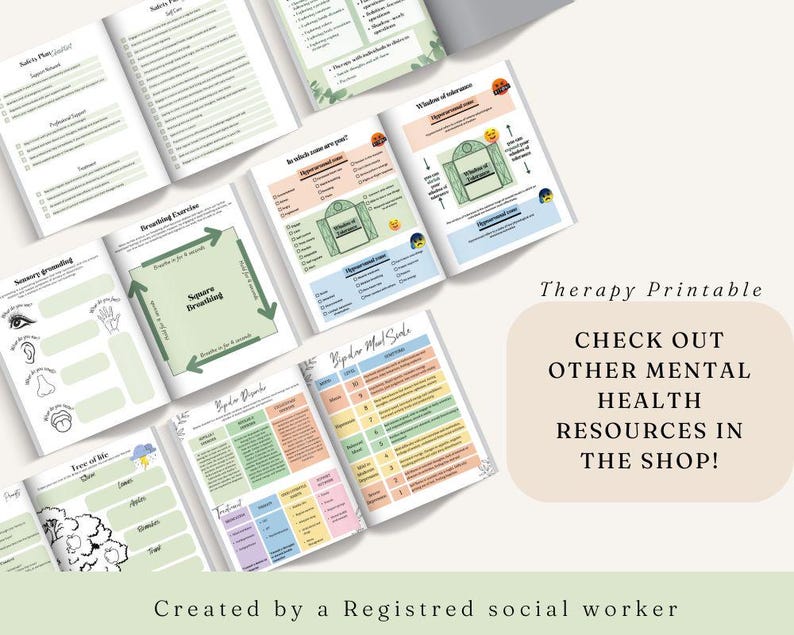 May include: A collection of open printable therapy workbooks with various mental health topics. The workbooks include topics such as a safety plan, breathing exercises, and bipolar mood scales. The text on the image says "Therapy Printable" and "Check out other mental health resources in the shop!"