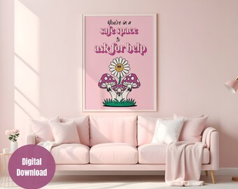 Safe space to ask for help retro pink sign, funny therapy office decor, inclusive counseling poster, school counselor printable gift