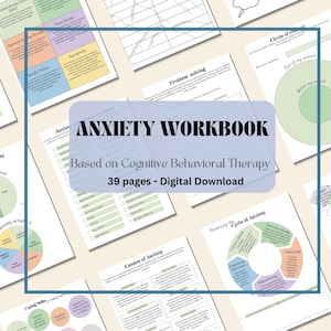 May include: A digital download of an anxiety workbook based on cognitive behavioural therapy. The workbook is 39 pages long and features a variety of worksheets and exercises to help manage anxiety. The cover of the workbook is a light blue colour with the title "ANXIETY WORKBOOK" in white text. The subtitle is "Based on Cognitive Behavioural Therapy" and the number of pages is listed as "39 pages - Digital Download".