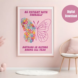 Sé paciente contigo mismo: arte de pared para la decoración de la oficina del consejero escolar, póster rosa socioemocional, cita de mentalidad de crecimiento, afirmaciones diarias