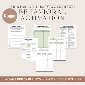 May include: Printable therapy worksheets for behavioral activation. The worksheets include sections for planning activities, tracking positive coping strategies, and identifying avoidance behaviors. The worksheets are designed for use with a therapist or counselor.