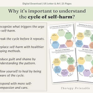 May include: A digital download titled "Why it's important to understand the cycle of self-harm?" with bullet points outlining key steps. The image includes diagrams illustrating the cycle of self-harm and how to reverse it. The text "Therapy Printable" is at the bottom.
