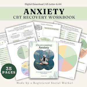 Könnte beinhalten: Ein digitales KVT-Arbeitsbuch zur Angstbewältigung mit 35 Seiten voller Arbeitsblätter, Checklisten und Diagramme. Das Cover zeigt eine Person auf einer Schaukel vor einer Berglandschaft mit dem Text Anxiety CBT Recovery Workbook und Overcoming Anxiety.