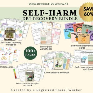 Self Harm DBT Recovery Bundle for Teens, Mental Health Safety Plan Crisis Resources, DBT Skills Cards, Behavior Chain Analysis Workbook