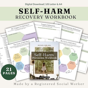 May include: A collection of printable self-harm recovery workbooks. The cover of the workbook features a woman in a white dress in a forest. The workbooks include pages for triggers, reflections, and emotional awareness. The text reads "Self-Harm Recovery Workbook".