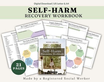 May include: A collection of printable self-harm recovery workbooks. The cover of the workbook features a woman in a white dress in a forest. The workbooks include pages for triggers, reflections, and emotional awareness. The text reads "Self-Harm Recovery Workbook".