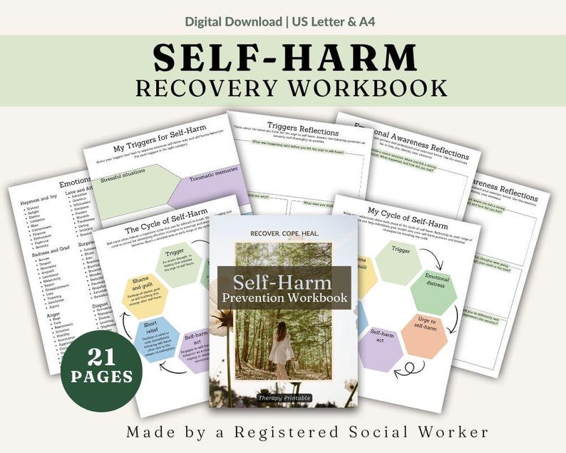 May include: A collection of printable self-harm recovery workbooks. The cover of the workbook features a woman in a white dress in a forest. The workbooks include pages for triggers, reflections, and emotional awareness. The text reads "Self-Harm Recovery Workbook".