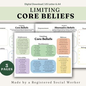 Puede incluir: Una descarga digital titulada "Creencias centrales limitantes" con tres páginas. Las páginas presentan listas de creencias limitantes y creencias alternativas, categorizadas por temas como la impotencia y la inutilidad. El texto "Made by a Registered Social Worker" está en la parte inferior.