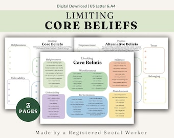 Common limiting core beliefs worksheets, Healing Therapy Resources, Mental Health Psychoeducational Tool, Affirmations Cheat Sheet PDF