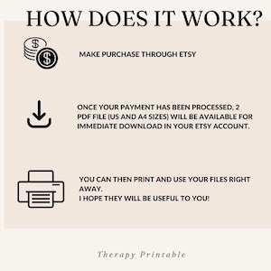 May include: An infographic titled "HOW DOES IT WORK?" with steps for purchasing and using a digital product. The steps include purchasing through Etsy, downloading a PDF file, and printing. The text "Therapy Printable" is at the bottom.
