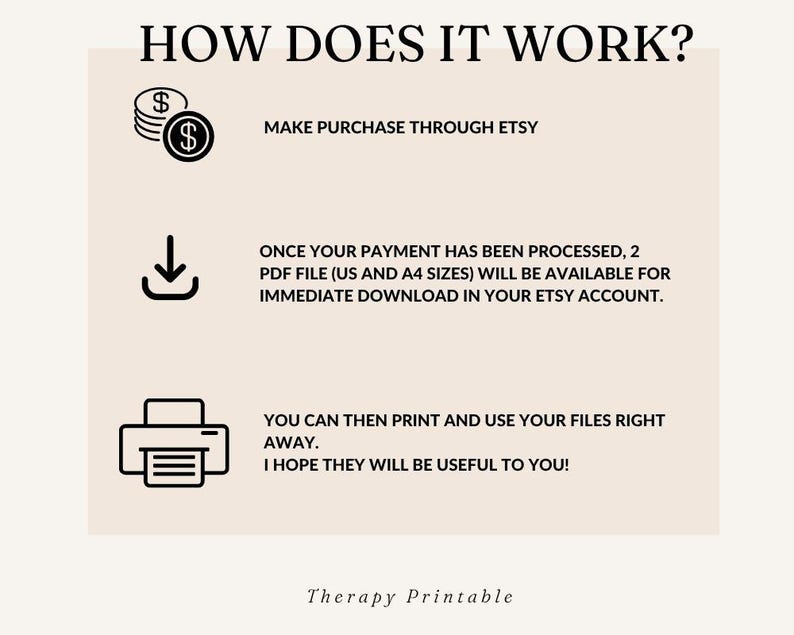 May include: An infographic titled "HOW DOES IT WORK?" with steps for purchasing and using a digital product. The steps include purchasing through Etsy, downloading a PDF file, and printing. The text "Therapy Printable" is at the bottom.