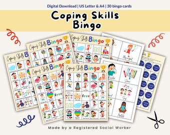 Coping Skills Bingo for Kids, Mental Health Games for Social Emotional Learning School Counselor, Social Worker Resources, Play Therapy