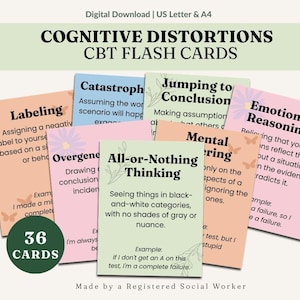May include: A set of 36 Cognitive Distortions CBT flash cards in pastel colors. Each card features a specific psychological concept like All-or-Nothing Thinking, Labeling, and Emotional Reasoning with definitions and examples printed in black text.