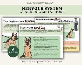 Nervous System As a Guard Dog Therapy Metaphore Worksheets, Fight Flight Freeze and Fawn Stress Responses, Trauma Informed Theraoy Resources