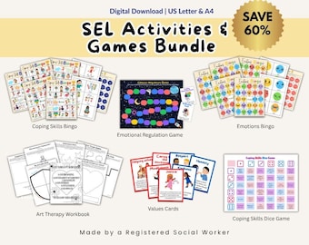 Social Emotional Learning Activities and Games Bundle for Kids, Coping Skills and Emotions Bingo, Play Therapy to boost kids self esteem