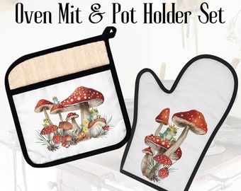 Cottage Core Mushroom Pot Holder Gift Woodland Theme Oven Glove Gift House Warming Present Frog Lover Gift