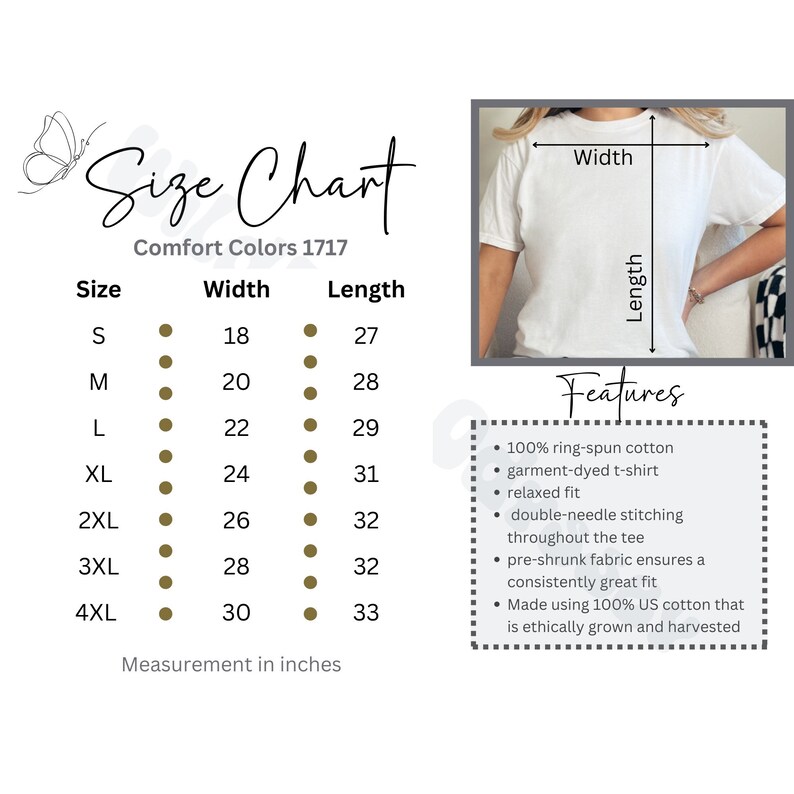 Comfort Colors 1717 Size Chart, Tshirt Sizing Chart, Tee Shirt Size Guide, Shirt Measurement
