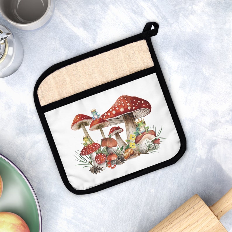 Cache-pot champignon Cottage Core, cadeau gant de four thème de la forêt, cadeau de pendaison de crémaillère, cadeau d'amant de grenouille Pot Holder