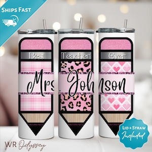Custom Teacher Appreciation Gift, Teacher Tumbler with Name, Pink Glitter Pencil Tumbler for Teacher, Best Teacher Ever Custom Tumbler Cups