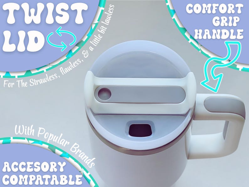 May include: White travel mug with a twist lid and comfort grip handle. The lid is light gray and has a sliding closure. Text on the mug reads "TWIST LID" and "ACCESORY COMPATABLE".