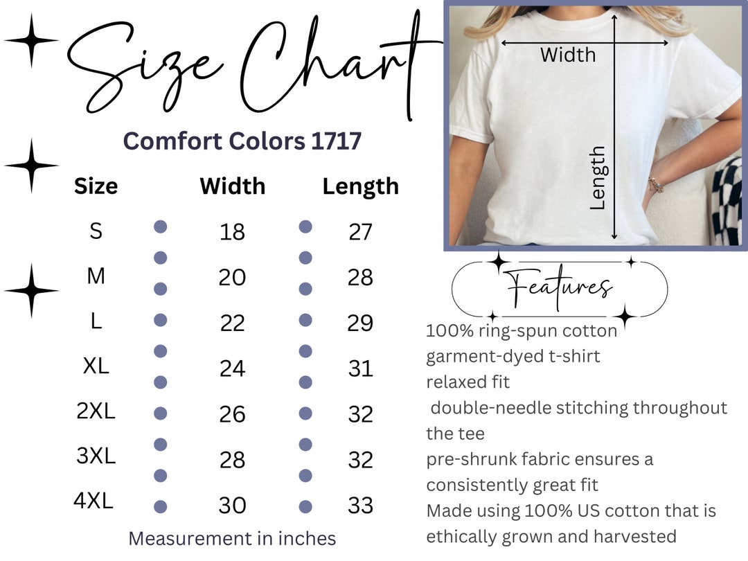 Comfort Colors Tee Size Chart, 1717 Size Chart Mockup, Size Chart Mock