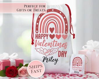 Valentines Day Gift Bag Personalized, School Valentine's Day Goodie Bag, Rainbow Valentine Gift Bags for Friends, Valentine Favor Bag