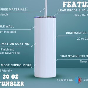 May include: White 20 oz tumbler with a straw, featuring a leak-proof sliding lid and double-wall vacuum insulation. Made of 18/8 stainless steel, it keeps drinks cold for 9 hours and hot for 3 hours. Dishwasher safe and fits most cupholders.