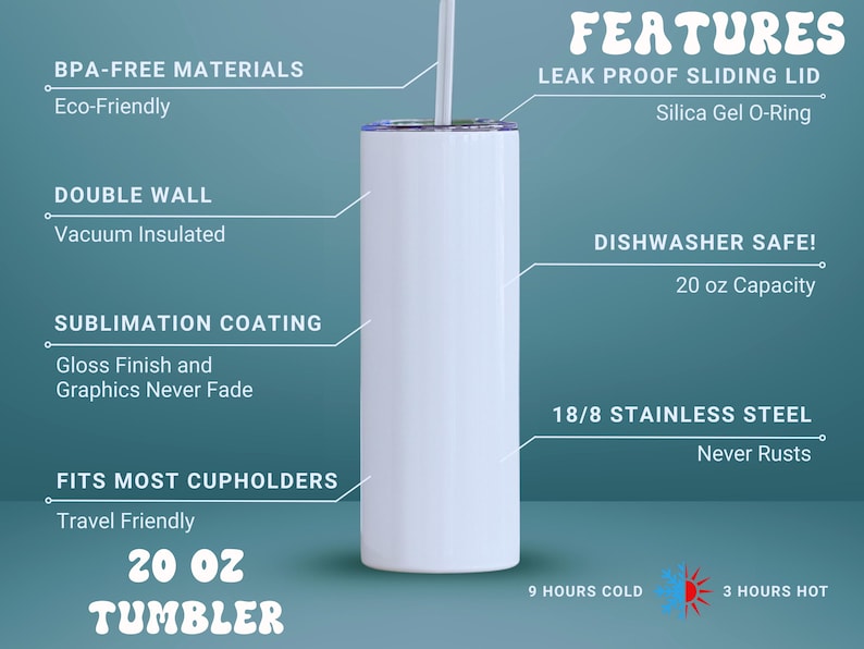 May include: White 20 oz tumbler with a straw, featuring a leak-proof sliding lid and double-wall vacuum insulation. Made of 18/8 stainless steel, it keeps drinks cold for 9 hours and hot for 3 hours. Dishwasher safe and fits most cupholders.