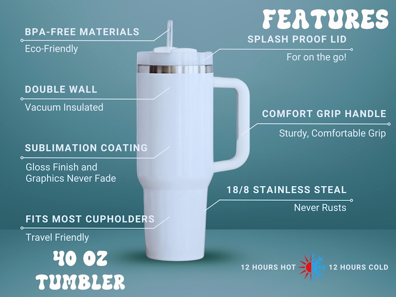 May include: White 40 oz tumbler with a handle, splash-proof lid, and straw. Features include double-wall vacuum insulation, sublimation coating, and a comfort grip handle. Made with BPA-free materials and 18/8 stainless steel. Keeps drinks hot or cold for 12 hours.