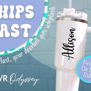 May include: White insulated tumbler with a handle and a lid. The name "Allison" is printed in black script on the side. Text on the image reads "SHIPS FAST", "So fast, your doorbell gets whiplash", and "Printed On Both Sides".