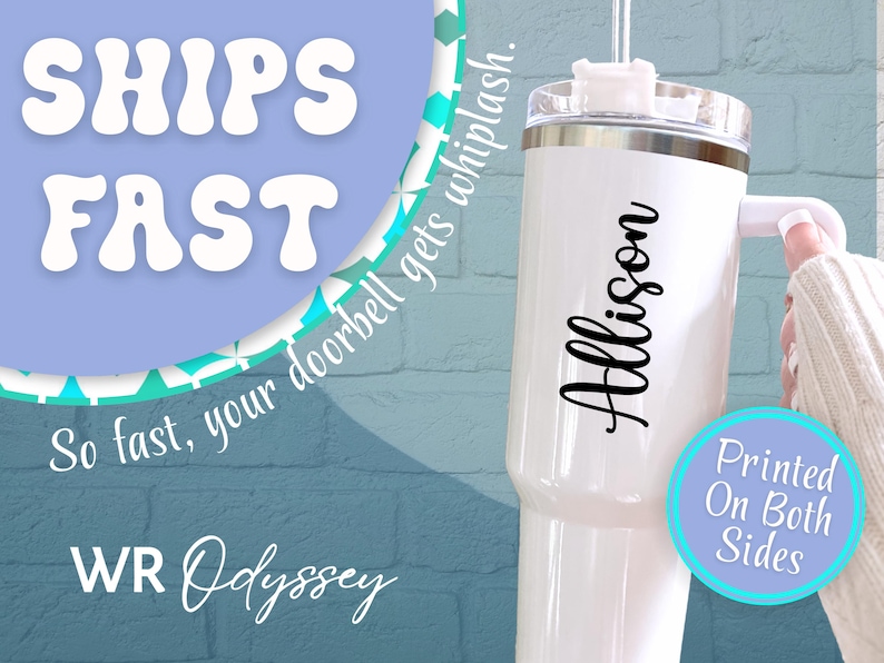 May include: White insulated tumbler with a handle and a lid. The name "Allison" is printed in black script on the side. Text on the image reads "SHIPS FAST", "So fast, your doorbell gets whiplash", and "Printed On Both Sides".