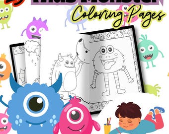 May include: A colorful illustration featuring a book of monster coloring pages. The cover reads "25 Kids Monster Coloring Pages." Cartoon monsters in various colors surround the book. A child is shown coloring a page with crayons.