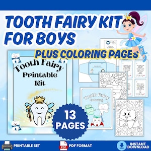 Kit Fada do Dente para Meninos Cabide de Porta Fada do Dente, Carta de Coleção Fada do Dente, Recibo Fada do Dente Colorir Fada do Dente Impressão Fada do Dente